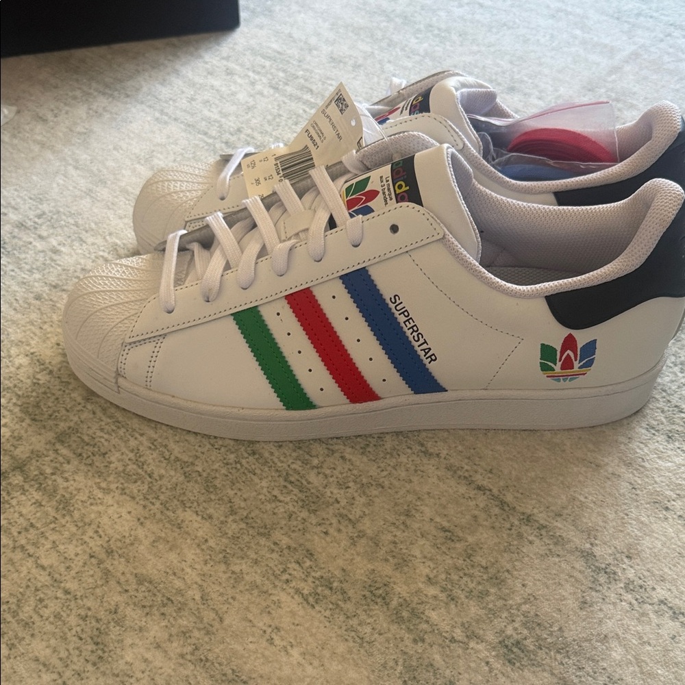 adidas White Leather Sneakers with Red, Green & Blue Accents Superstar